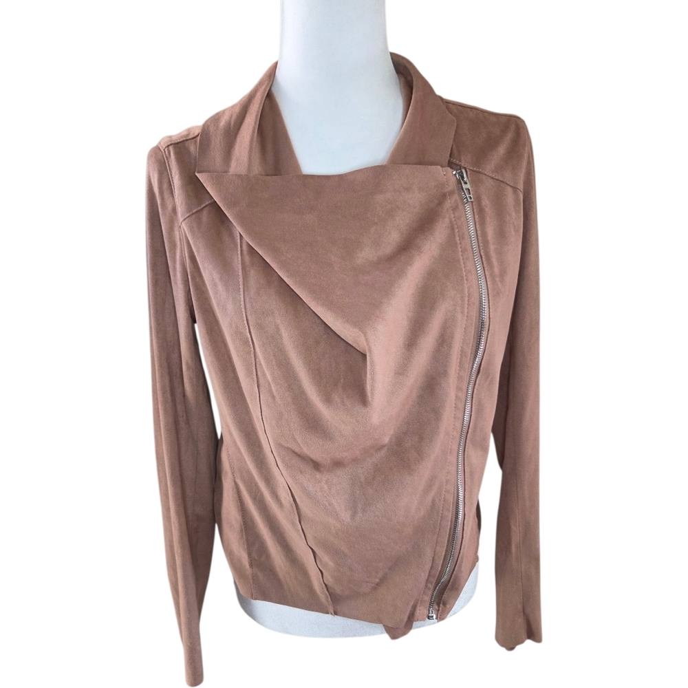 BlankNYC Tan Faux Suede Moto Jacket Draped Asymmetrical Zip Size Medium - Picture 8 of 14